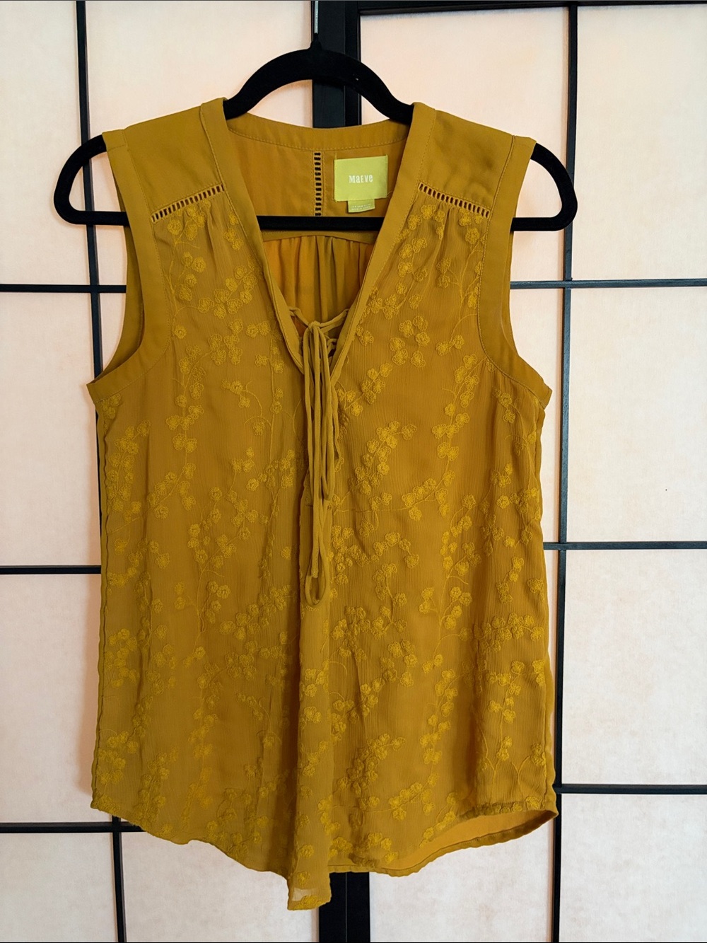 Maeve Mustard Embroidered Tie-Front Sleeveless Camisole